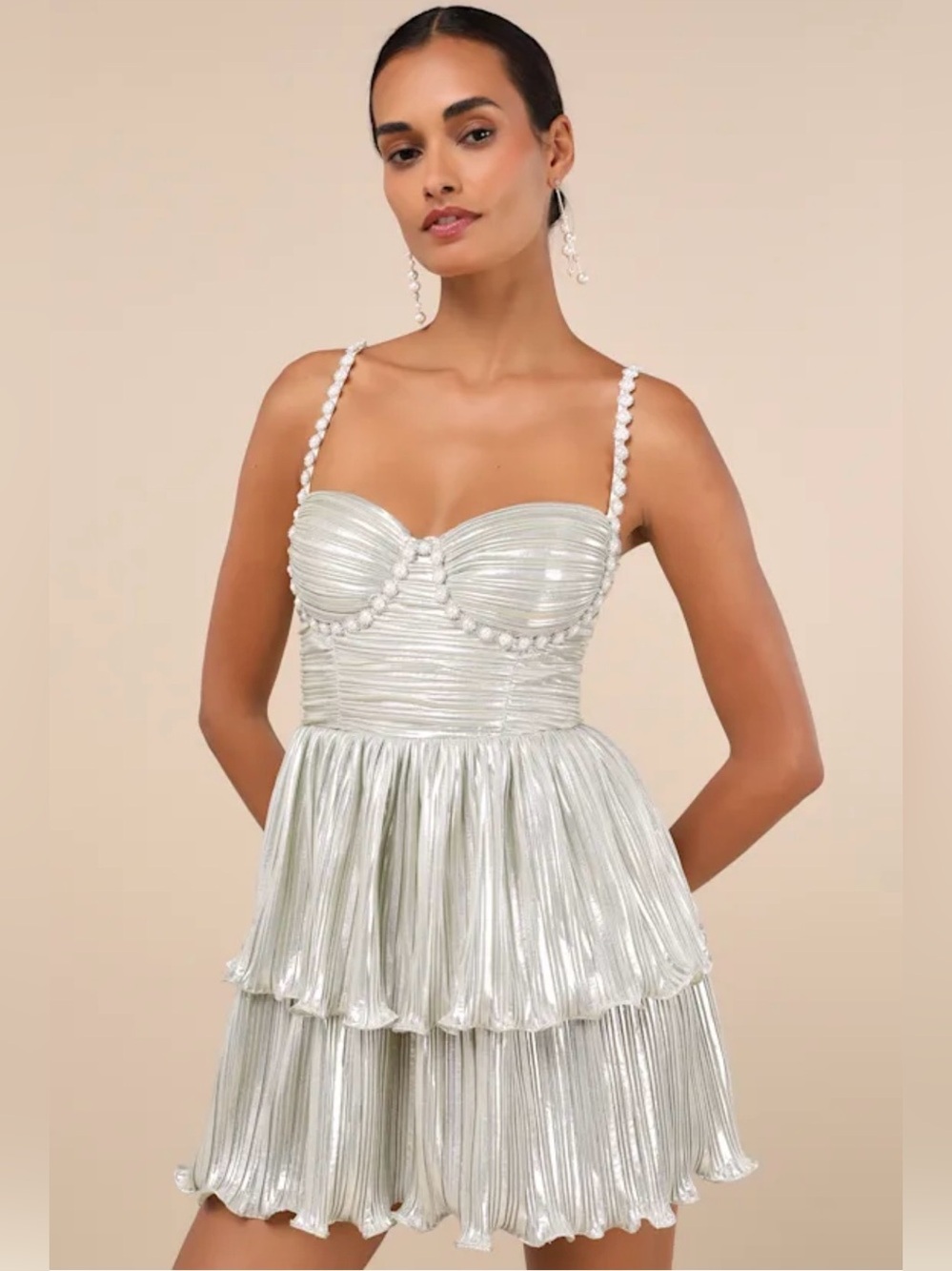 Lulu's Glorious Shine Champagne Metallic Pearl Tiered Mini Dress